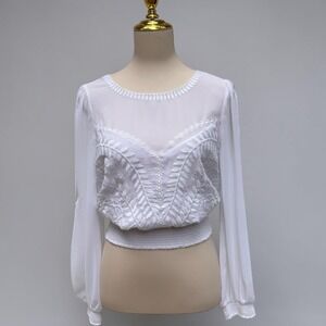 Bebe Embroidered Smocked Blouse XS White Sheer Boho Prairie Cottagecore Ethereal